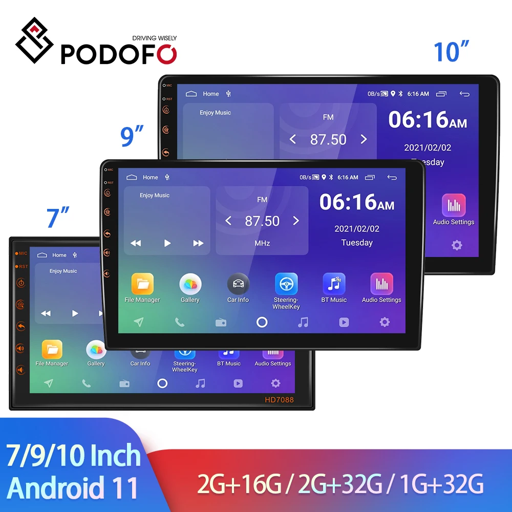 Podofo Android 11 автомобильное радио Авторадио 32G 2 Din 7 "/9"/10 "Универсальный WIFI GPS автомобильный Аудио мультимедийный плеер для Nissan Toyota Kia