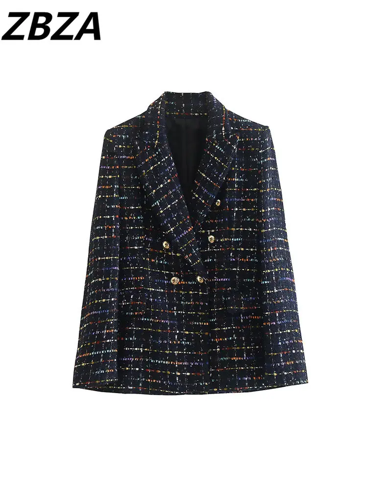 

ZBZA Women 2023 New Fashion Double Breasted Flower Check Blazer Coat Vintage Long Sleeve Pockets Female Outerwear Chic