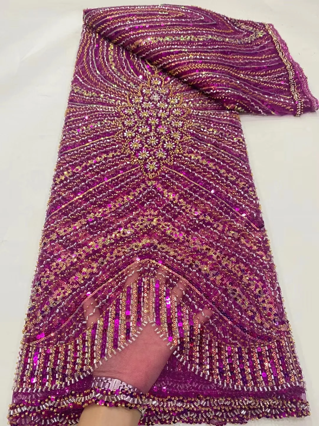 

Handmade Crystal Beds African Cord Lace Fabric French Mesh Lace Fabric Nigerian Sequin Shiny Lace Fabrics For Wedding Clothes