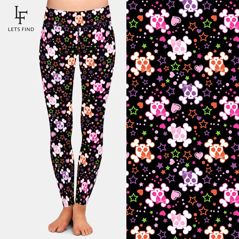 LETSFIND 2020 New 3D Lovely Skulls and Stars Print Women Casual Leggings High Waist Comfortable Slim Pants