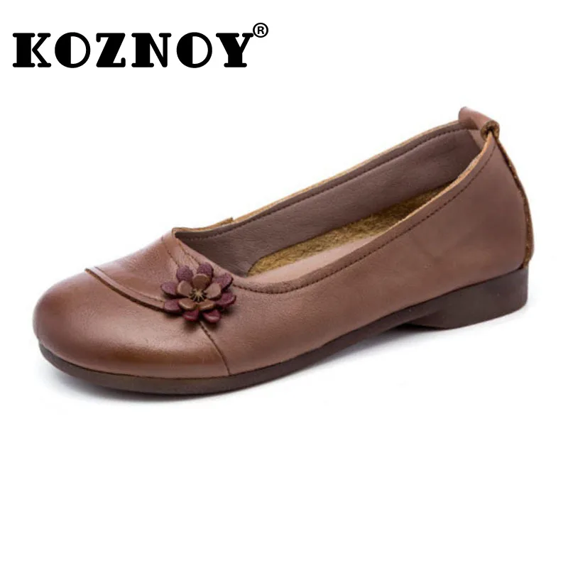 

Koznoy 1.5cm Retro Ethnic Genuine Leather Autumn Grandma Comfy Flower Women Soft Oxford Soled Flat Leisure Slipon Simple Shoes