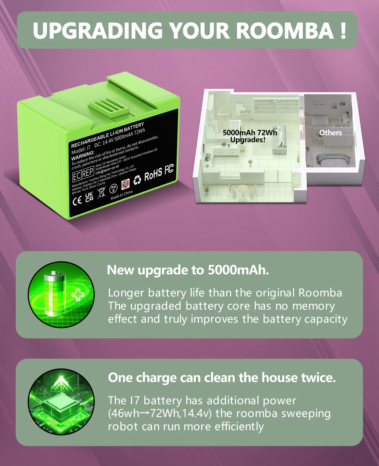 Фото Замена аккумулятора i7 14,4 В, 5000 мАч для iRobot Roomba e и i Series i7+ e5 7150 7550 i3 3150 i3+ 3550 i4 4150 i4+ 4624864 ﻿ №2