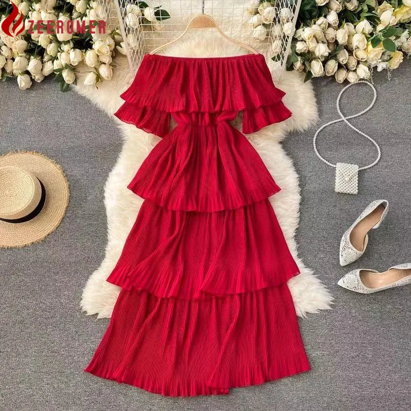 

ZEEROMER 2022 Summer Runway Party Dress Women Sexy Slash Neck Off Shoulder Short Sleeve Bohemian Dresses Layered Ruffled Dress