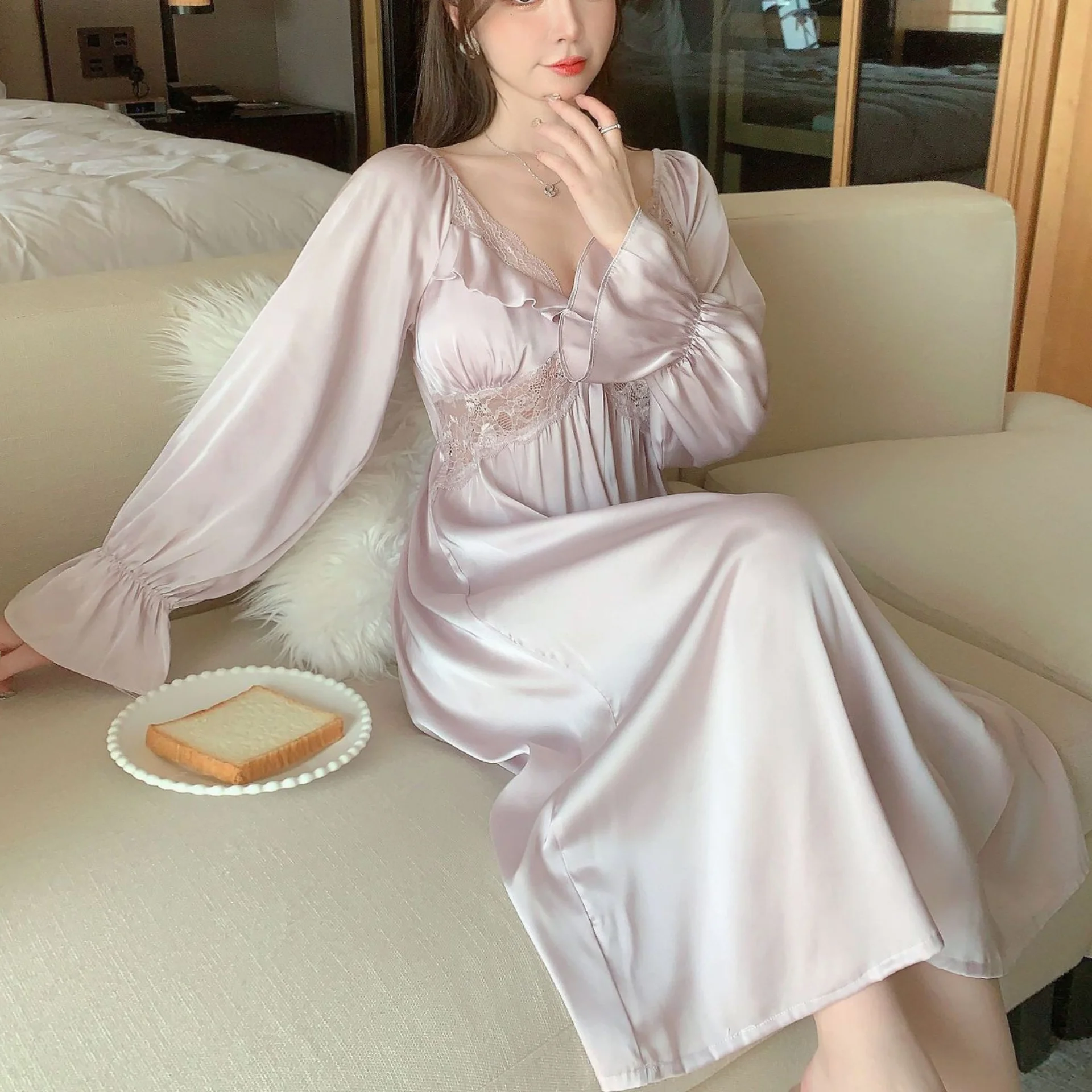 

Palace Style Nightgown Female Long Nightdress Elegant Hollow Out Sleepwear Sexy Lace Trim Nightwear Casual Home Dressing Gown