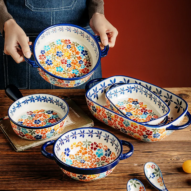 

Binaural Dinnerware Ceramic Bowl Household Oven Breakfast Baking Dish Microwave Daisy Pizza Salad Soup Bowl In-glaze Tableware