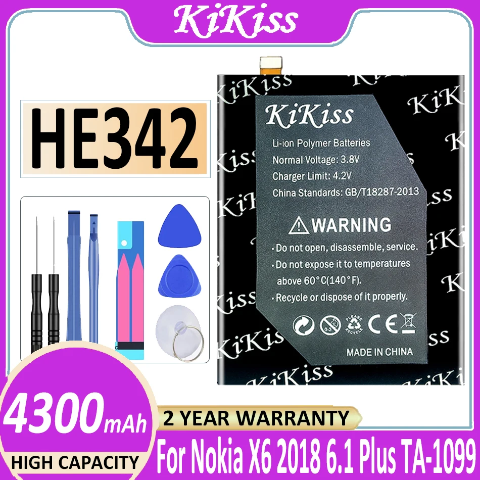 

4300mAh KiKiss Battery HE 342 HE-342 HE342 For Nokia X6 2018 / 5.1 Plus / 6.1 Plus 2018 TA-1099 X5 TA-1109 Batteries + Tools