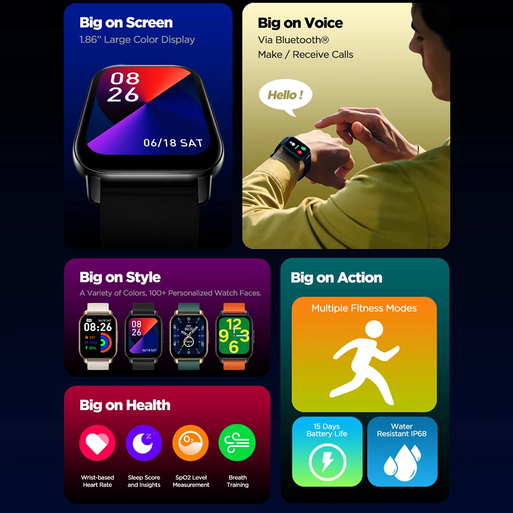 

1.86 Inch Fitness Smart Watch Touch Screen Bluetooth-compatible Fitness Watch Bracelet Heart Rate Monitor Blood Pressure Monitor