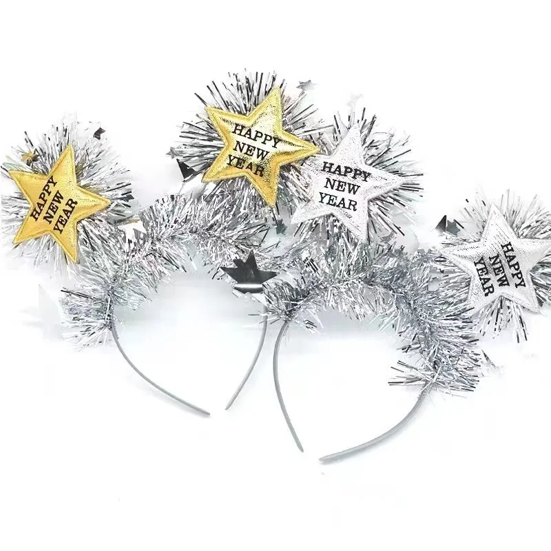 

New Year's Party Five-pointed Star Rain Silk Colorful Sequins Strips Headband Happy New Year 2024 Photo Props Gift for Girls