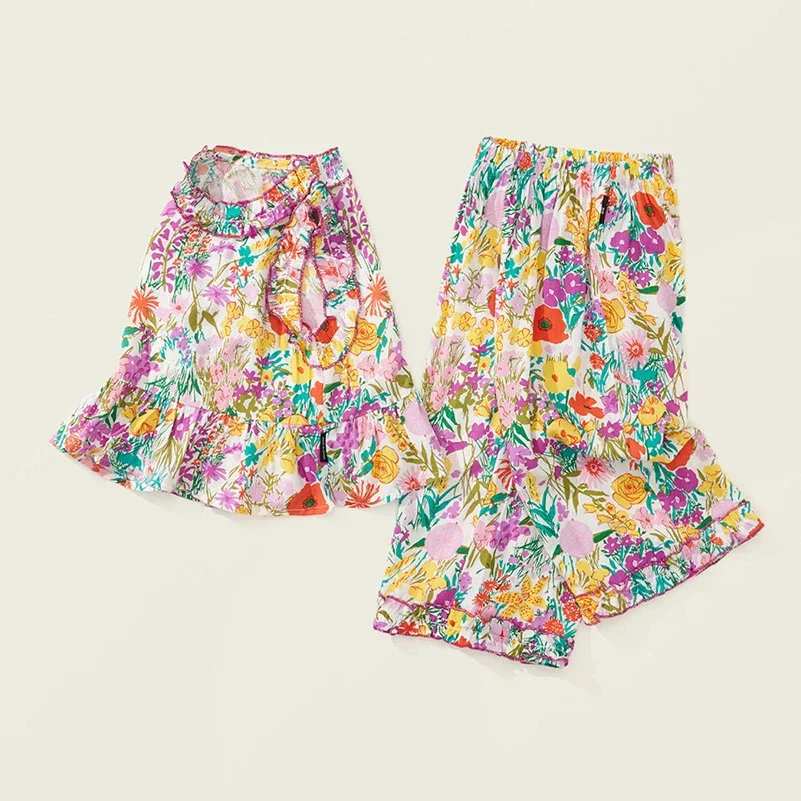 Комплекты детской одежды Кружевной топ без рукавов с цветочным принтом + широкие