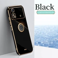 luxury plating square ring holder phone case for xiaomi poco m4 pro 4g pocom4 pro 4g 5g shockproof soft tpu silicone back cover