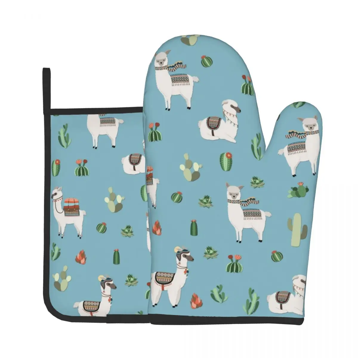 

Lama And Cactus Pattern Alpaca Potholder Pad Kitchen Baking Oven Cooking Gloves Microwave Insulation Mat Cute Animal Oven Mitts