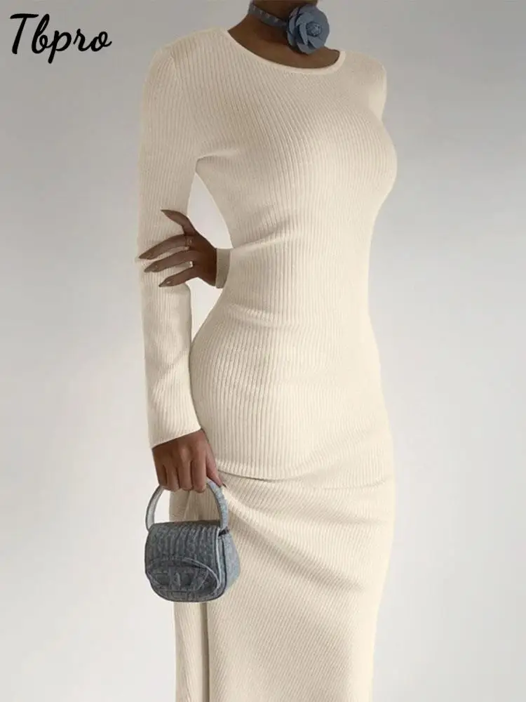 

U Neck Backless Solid Crochet Knit Dress Women Bodycon Long Sleeved A Line Fit Robes Autumn Fashion Female Street Vestidos