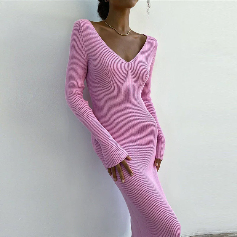 

Autumn Knitted Dress for Women Elegant Chic Maxi Bodycon Dresses Deep V-neck Sexy Party Knit Wrap Dress with Long Sleeve Winter