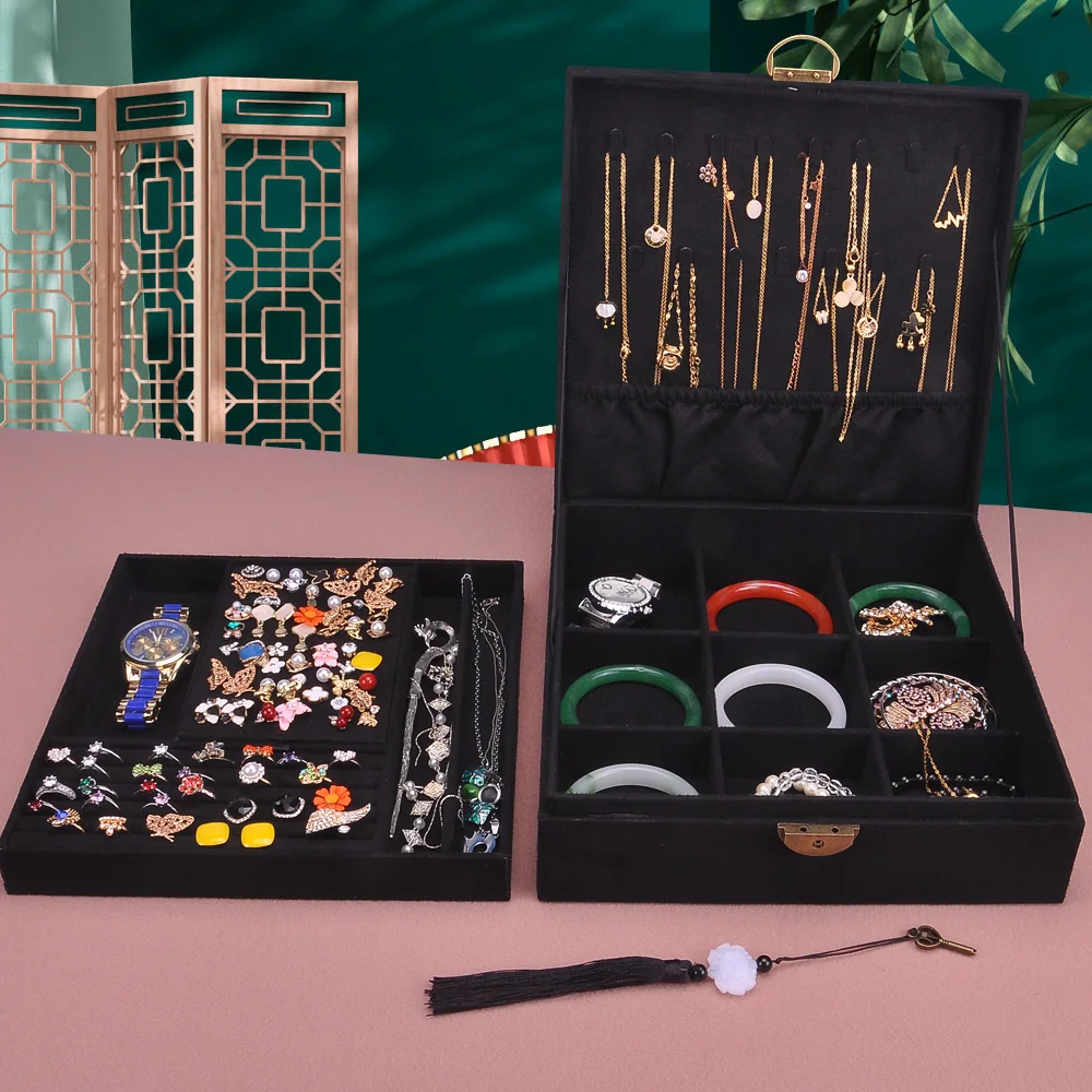 Tabletop 2 Layers Jewelry Box Large Stackable Suede Necklace Stud Earrings Organizers Jewelry Suitcase Lockable Green Pink Navy