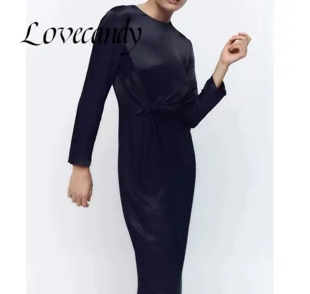 

Элегантное Плиссированное женское платье, модное однотонное облегающее Платье макси с длинным рукавом и круглым вырезом, женское осеннее в...