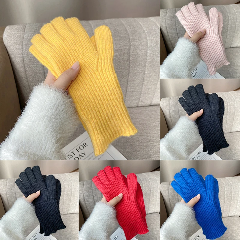 

Однотонные вязаные перчатки, модные теплые шерстяные перчатки, аксессуары, термоварежки