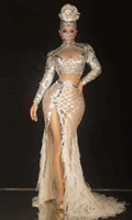 2022 sparkly sequin evening party 2 pcs set mermaid dress women birthday stretch mesh perspective prom singer stage outfit