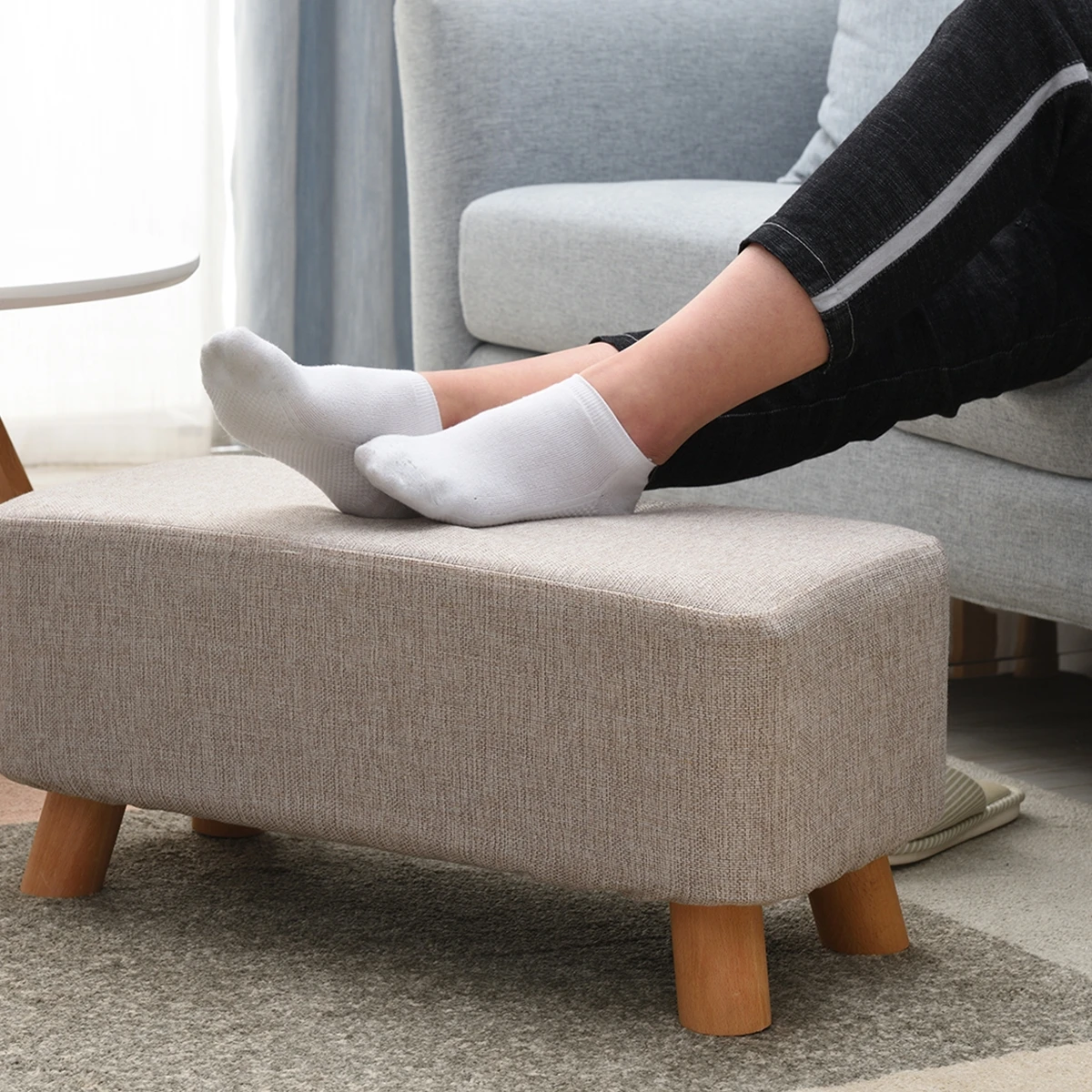 

Long Ottoman Bench Footstool Solid Wood Sofa Tea Stool Change Shoes Bench Footrest Stepstool Padded Seat Wooden Legs Living Room