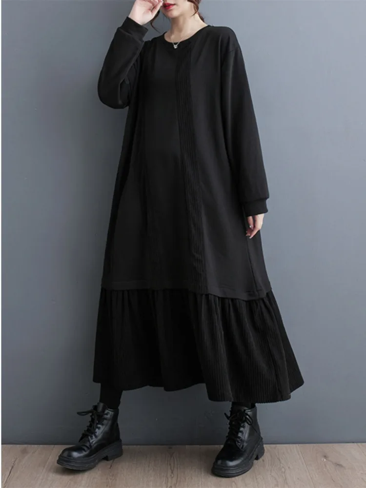 # 3720 осенне-зимнее черное платье-свитшот женское вельветовое платье