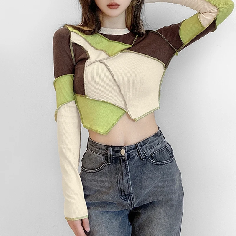 

Ladies' Contrasting Color Irregular Stitching Round Neck Long Sleeve T-Shirt Khaki