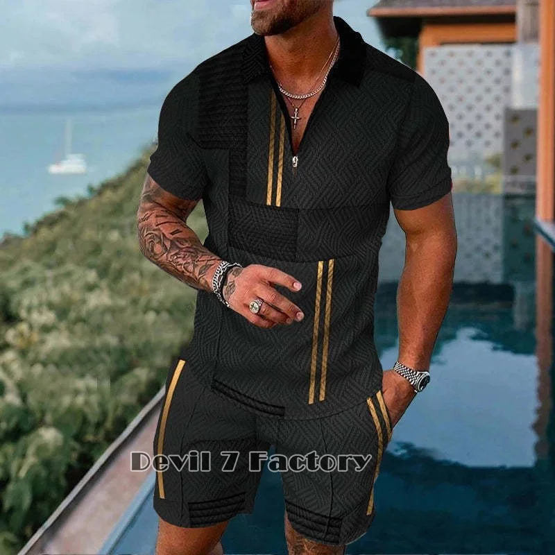 Men's Polo Shirts Shorts 2 Piece Sets 3D Print Short Sleeve T-Shirt Summer Tracksuit Suit Fashion Male Clothes Casual Streetwear