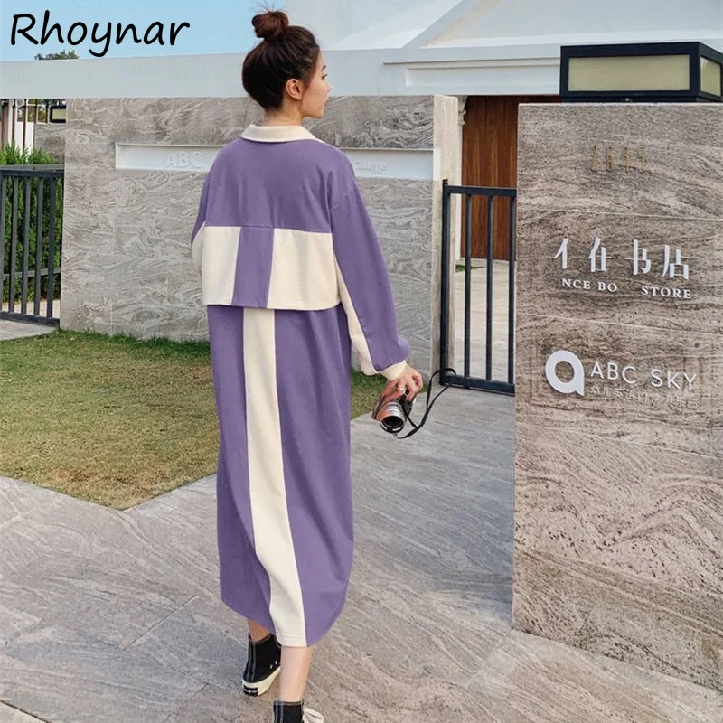 

Long Sleeve Dress Women Autumn Fashion Colorful Patchwork Mid-calf Casual Ins Turn Down Collar Korean Style Street Leisure Soft