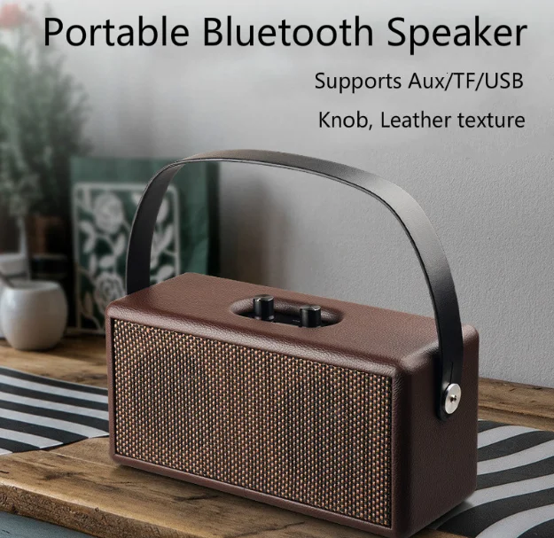 Portable hand-held Vintage Wood Bluetooth Speaker Leather Wireless Speaker Stereo Hi-Fi Soundbar 3.5mm Audio Input Laptop TF/AUX