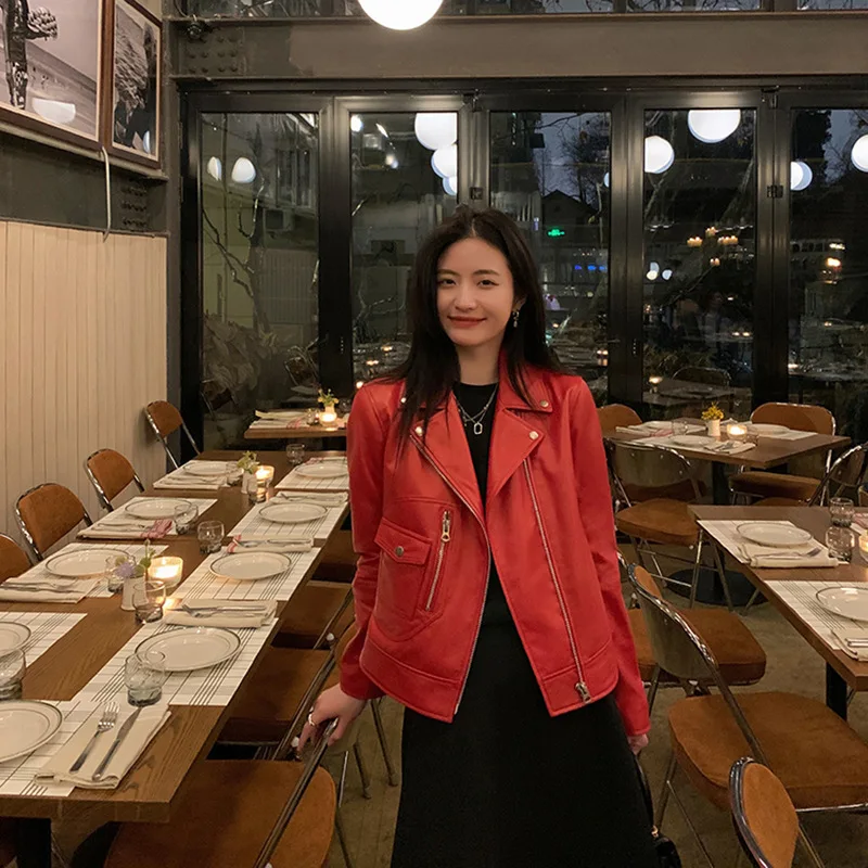 2022 New Sheepskin Leather Jacket Motorcycle Style Simple Women's Leather Jacket W3