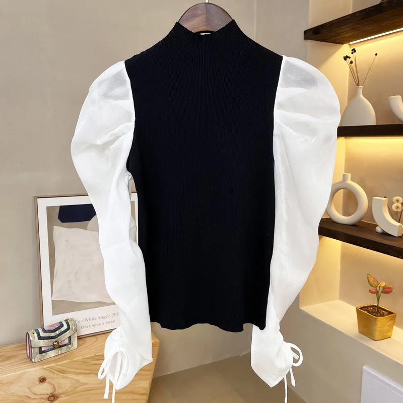

2022 Spring Summer Fashion Sweaters & Pullovers Ladies Black White Color Block Knitting Long Sleeve Casual Vintage Tops Pullover