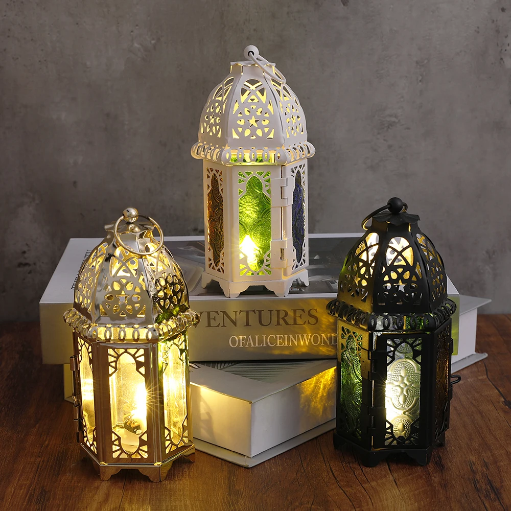 

Metal EID Mubarak Palace Lantern Candle Holders Islam Muslim Festival Iron Lamp with Transparent Glass Panels Ramadan Decoration