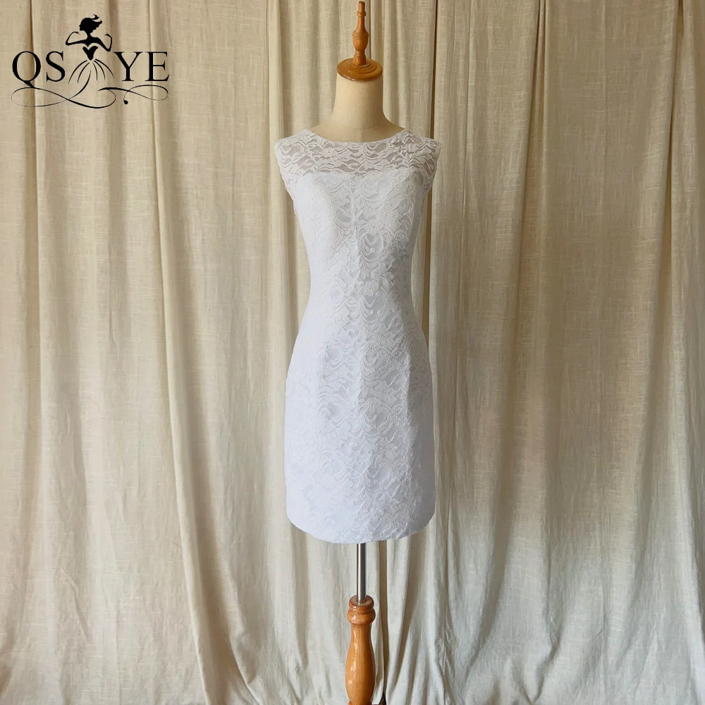 

Full Lace White Cocktail Dresses Scoop Neck Sleeveless Prom Gown Plain Short Simple White Party Dress Casual Wedding
