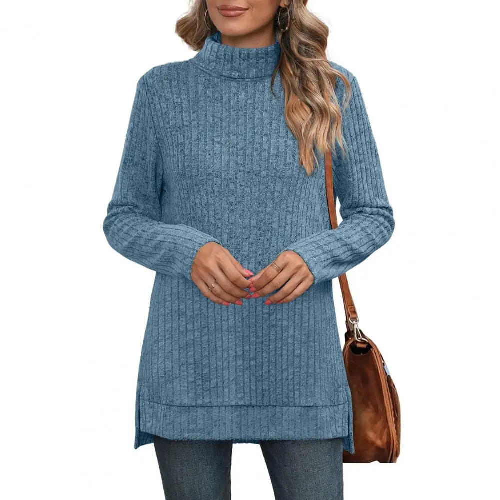 

Turtleneck Sweater Stylish Women's Turtleneck Knitted Sweater Long Sleeve Side Split Pullover for Autumn/winter for Office