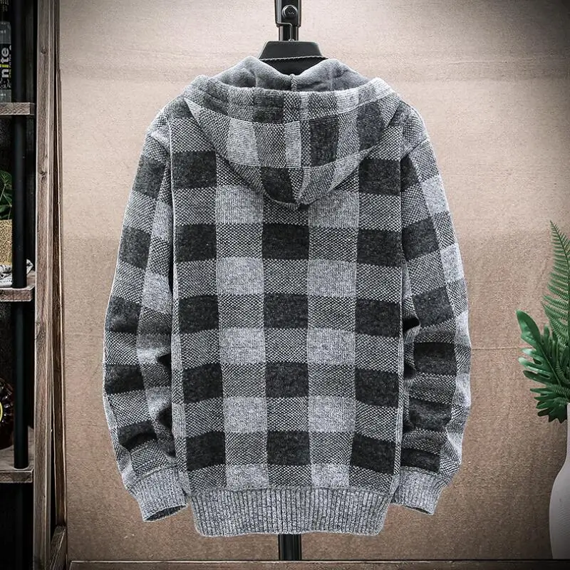 

Sweater Knitted Printed Plaid Coat Sleeve Clothing Hooded Fall/winter New Warm Male Cardigan Fleece Men's Jacket Long Sweater