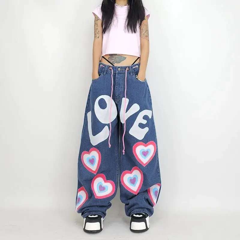 

Женские свободные джинсы Y2K в стиле хип-хоп, милые уличные модные брюки с широкими штанинами в стиле граффити, штаны с завышенной талией