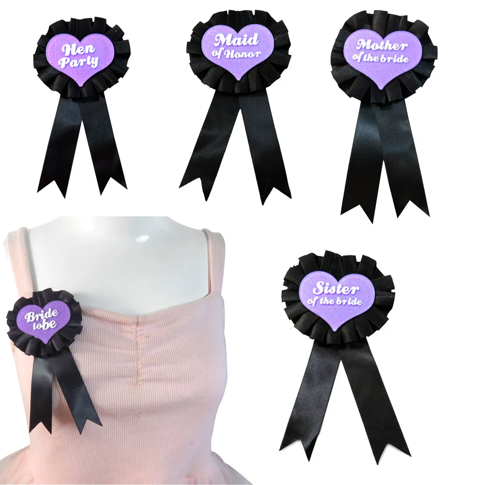 

Wedding event pins purple heart badge Black ribbon brooch white printing bride to be elegant Hen party event button birthday pin