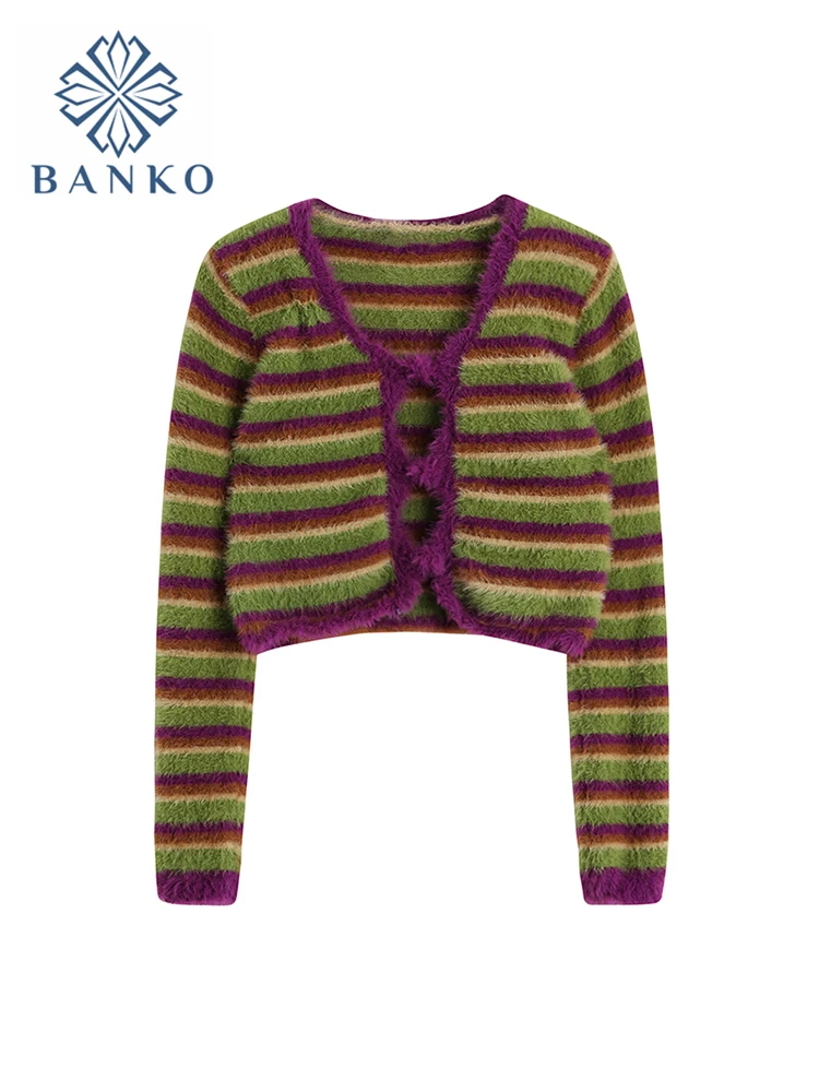 

Укороченный облегающий мохеровый свитер в полоску, привлекательный облегающий винтажный Кардиган с длинным рукавом, трикотажная одежда, ж...