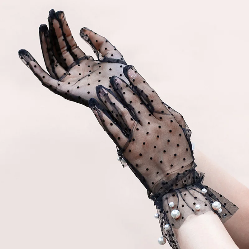

Women Summer Lace Gloves Mesh Dot Hollow Breathable Sunscreen Gloves Ladies Elasticity Transparent Gloves 1Pair