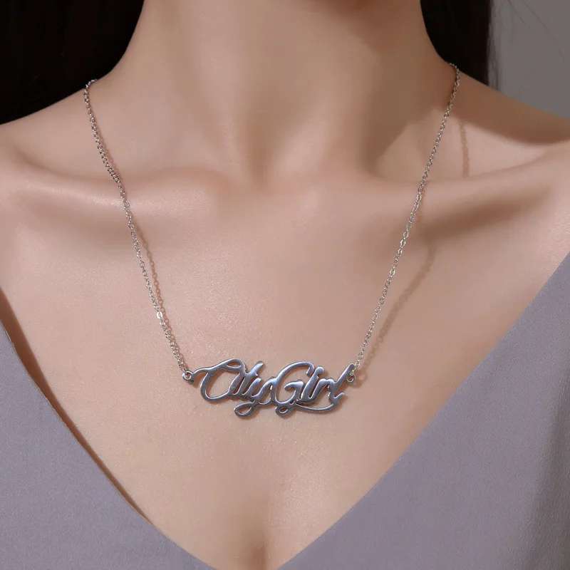 

Fashion Trendy Simple Hollow Sliver Pendant City Girl Alphabet Name Metal Necklace Thin Long Chain Women Jewelry Couple Gift