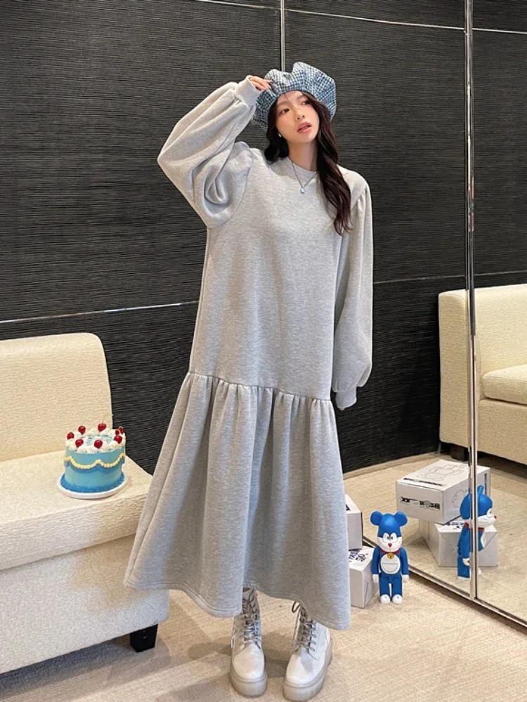 

Dresses for Women 2023 New Autumn Winter Korean Fashion Cake Dresses Solid Casual Long Dresses Versatile O-Neck Temperament Robe