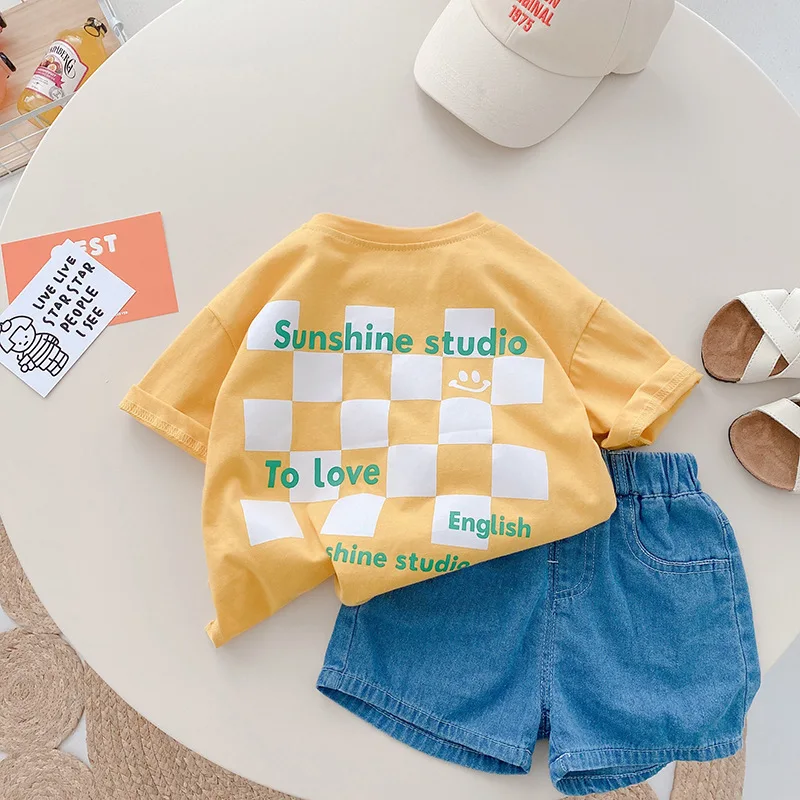 

Children Checkerboard T Shirt Summer Girls Boys Letter Plaid Print Tee Shirt Pure Cotton Casual Kids Clothing 1-6Y