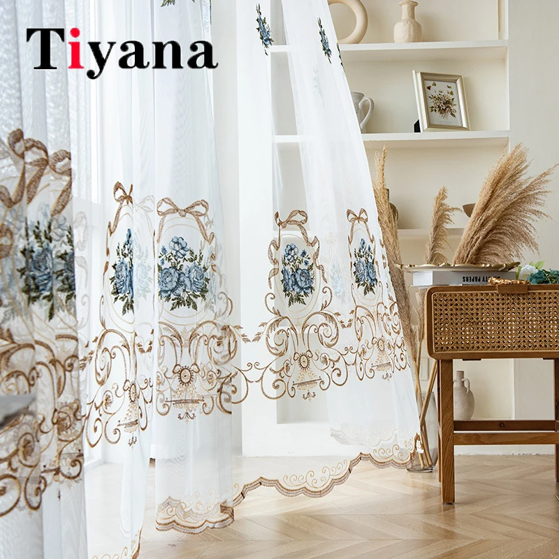 

European Blue Peony Flower Embroidery Sheer Tulle Curtains For Bedroom Living Room Bay Window Drapes Balcony Voile Customized