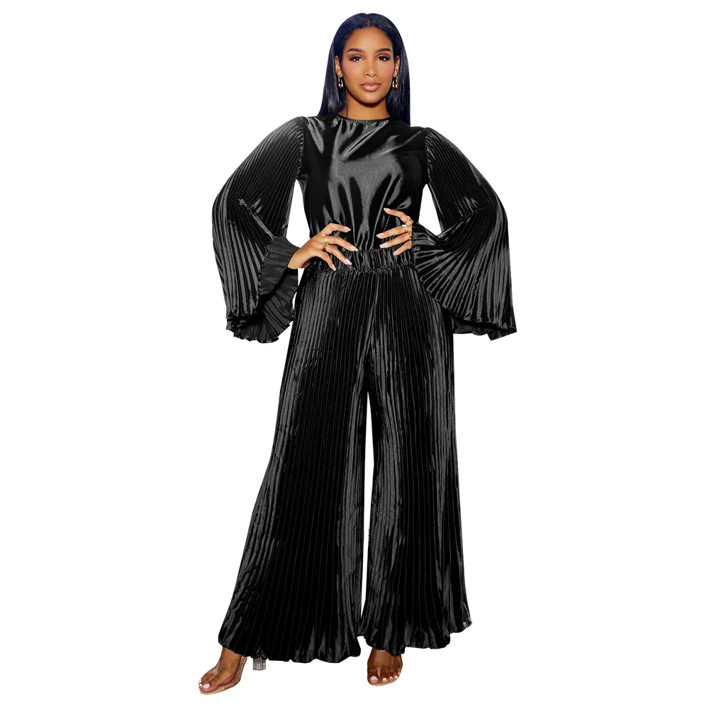 

Casual Women Pants Set Female 2PCS Outfits Girl's Long Sleeve Tops Pants Suit Lady's Loose Pleated Two Piece Sets