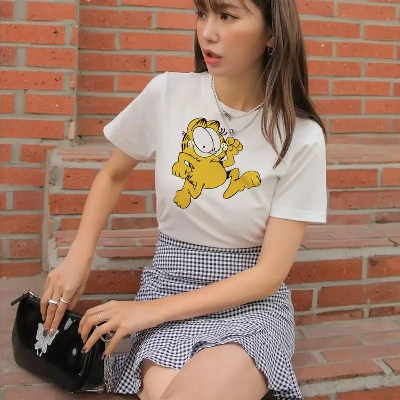Bandai Garfield Cat Popolar 2022 футболка Летняя одежда Повседневная Женская хип-хоп с круглым