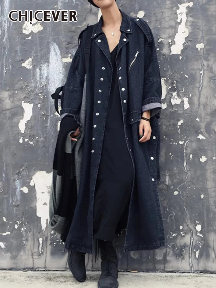 

Женский джинсовый Тренч с отложным воротником CHICEVER, двубортный однотонный Повседневный весенний Тренч со складками