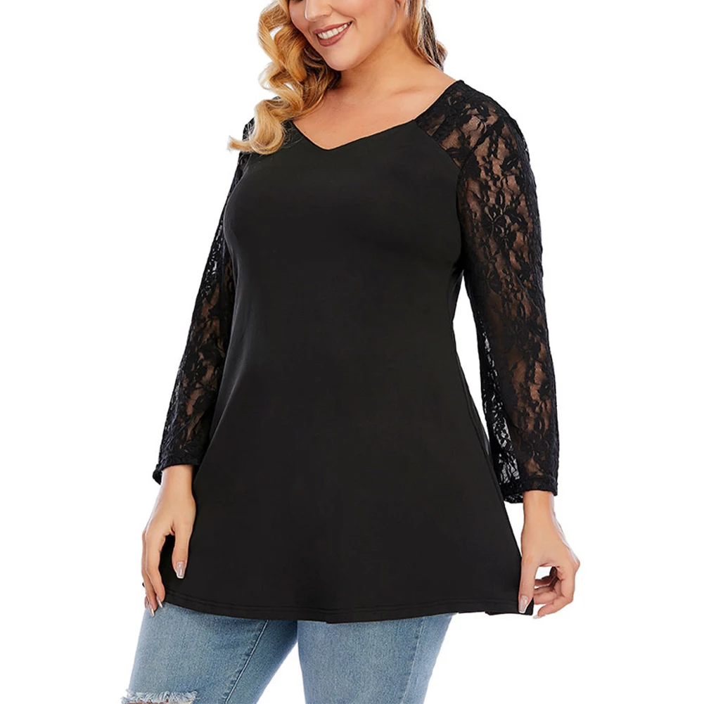 

Plus Size Ladies Knitted Lace Long Sleeve V-Neck Backless Casual T-Shirt Blouse Spring/Autunm/Winter Splicing Top XL -5XL