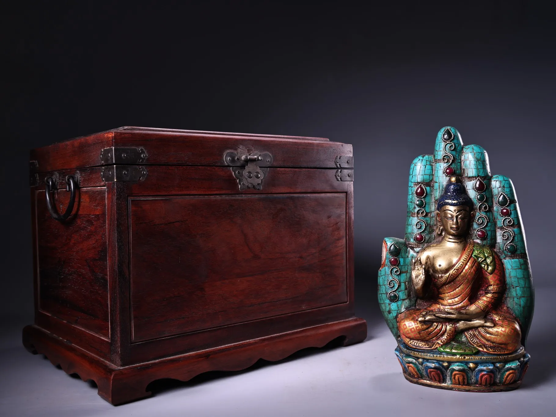 

9"Tibet Temple Collection Old Bronze Outline in gold Painted Mosaic Gem Bergamot Shakyamuni BuddhaRedwood Box Worship Hall