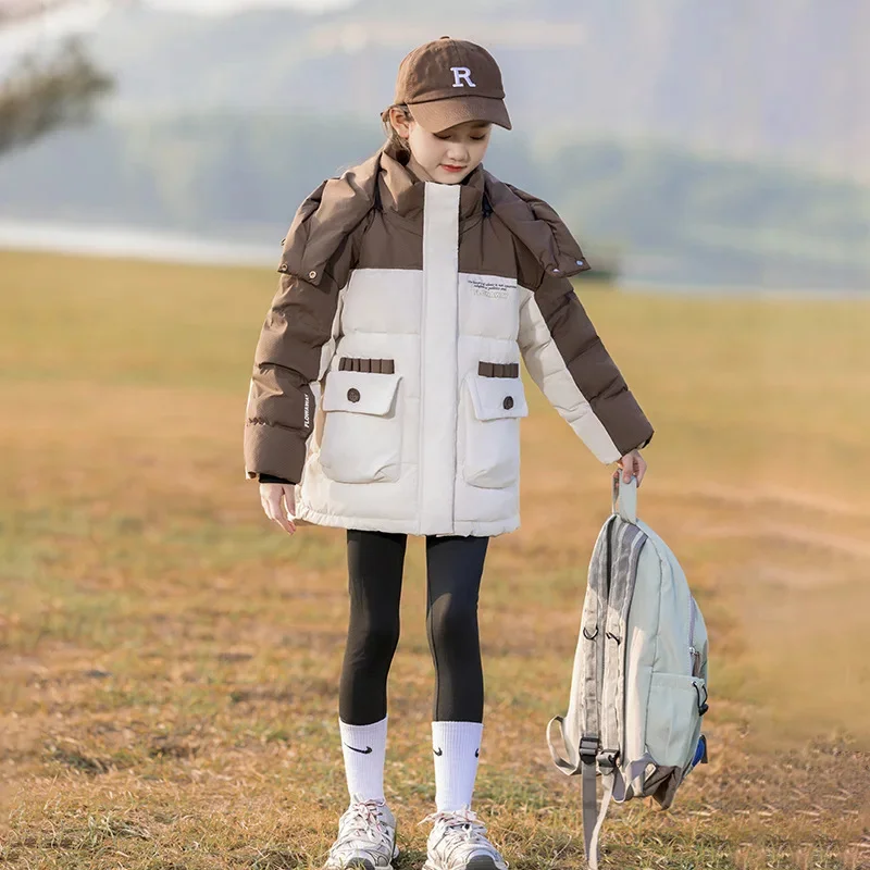 Длинный детский свободный утолщенный пуховик для девочек красный фиолетовый