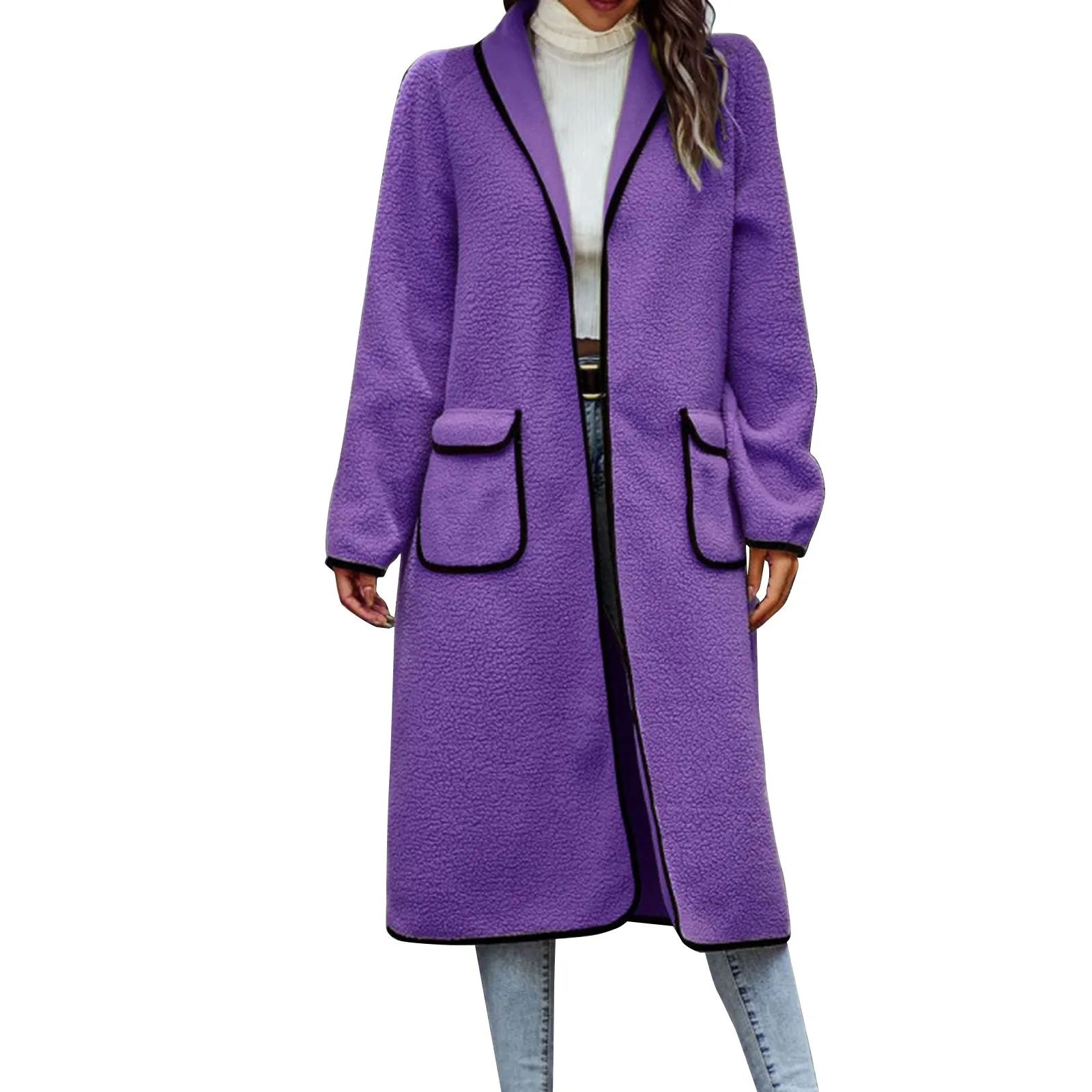 

Women'S Fashion Lapel Solid Color Long Sleeve Lambswool Casual Hundred Long Coat Overcoat Trendy Imitation Lambswool Coat Outer