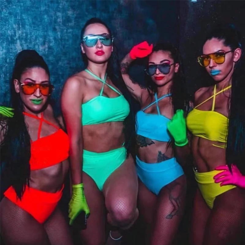 

Fluorescent Color Bikini Gloves Sexy Pole Dance Clothing Rave Outfit Women Stage Performance Dance Costume Clubwear XS4756