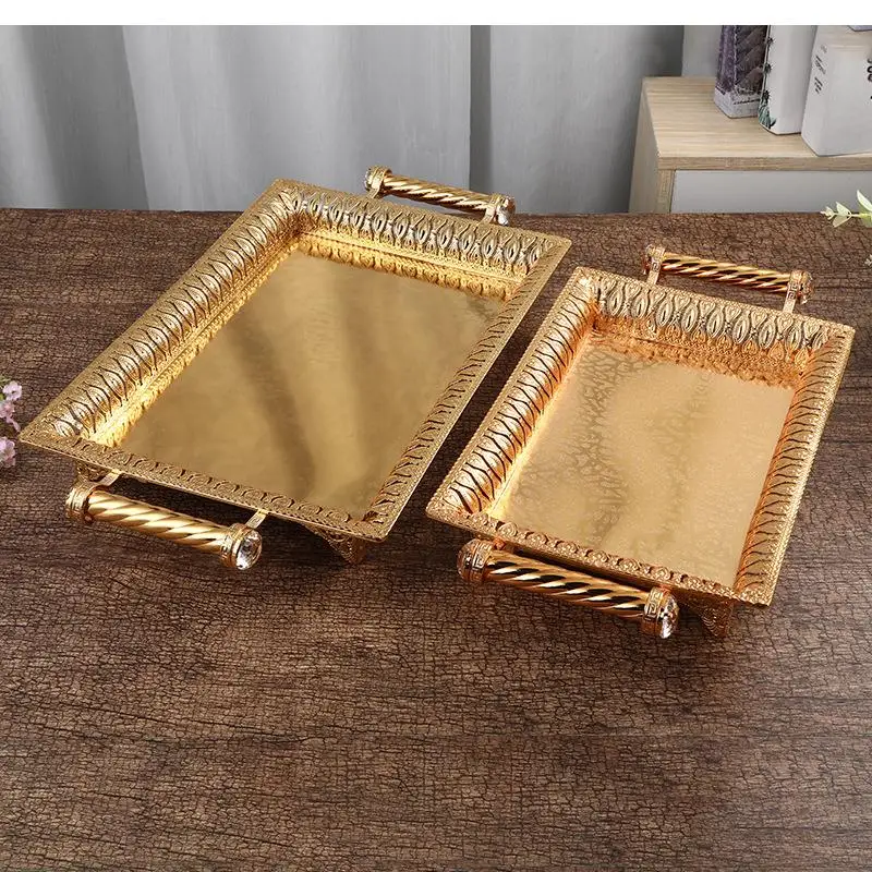 

Kitchen Supplies, Hotel KTV Fruit Tray, Metal Tray, Service Tray, Gold, Rectangular Handle Decorative Tray, Nuts, Candy, Snacks
